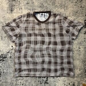 Adidas Originals Warp Plaid Tee Brown Trefoil Logo Modern Streetwear Size XL